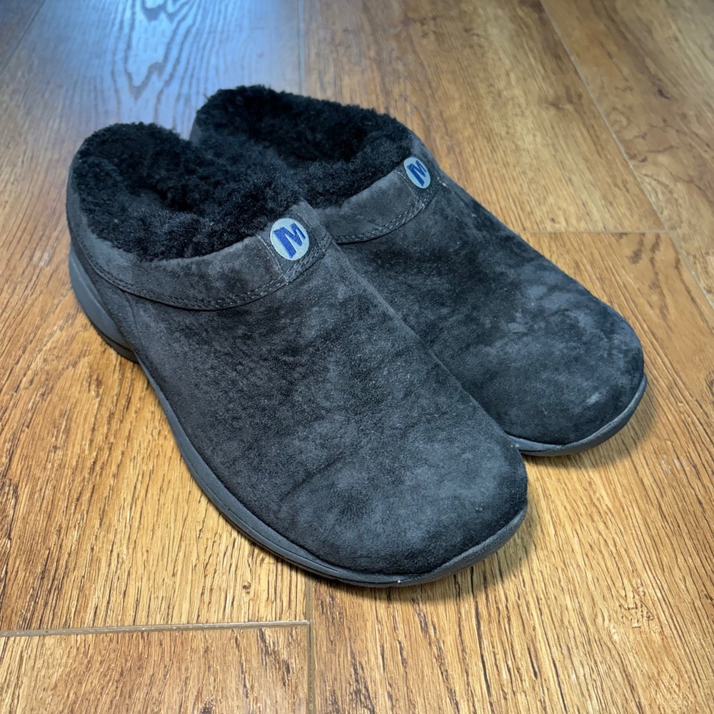 Merrell Encore Ice Black Suede Faux Fur Lined Clogs Mules Womens 9.5 Slip Ons